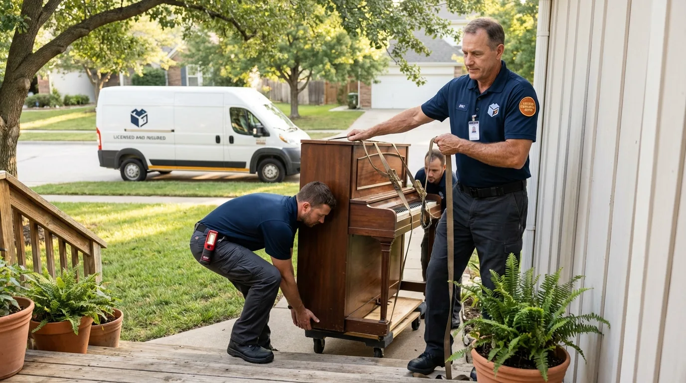 Licensed piano movers securing grand piano in Bowdon, GA