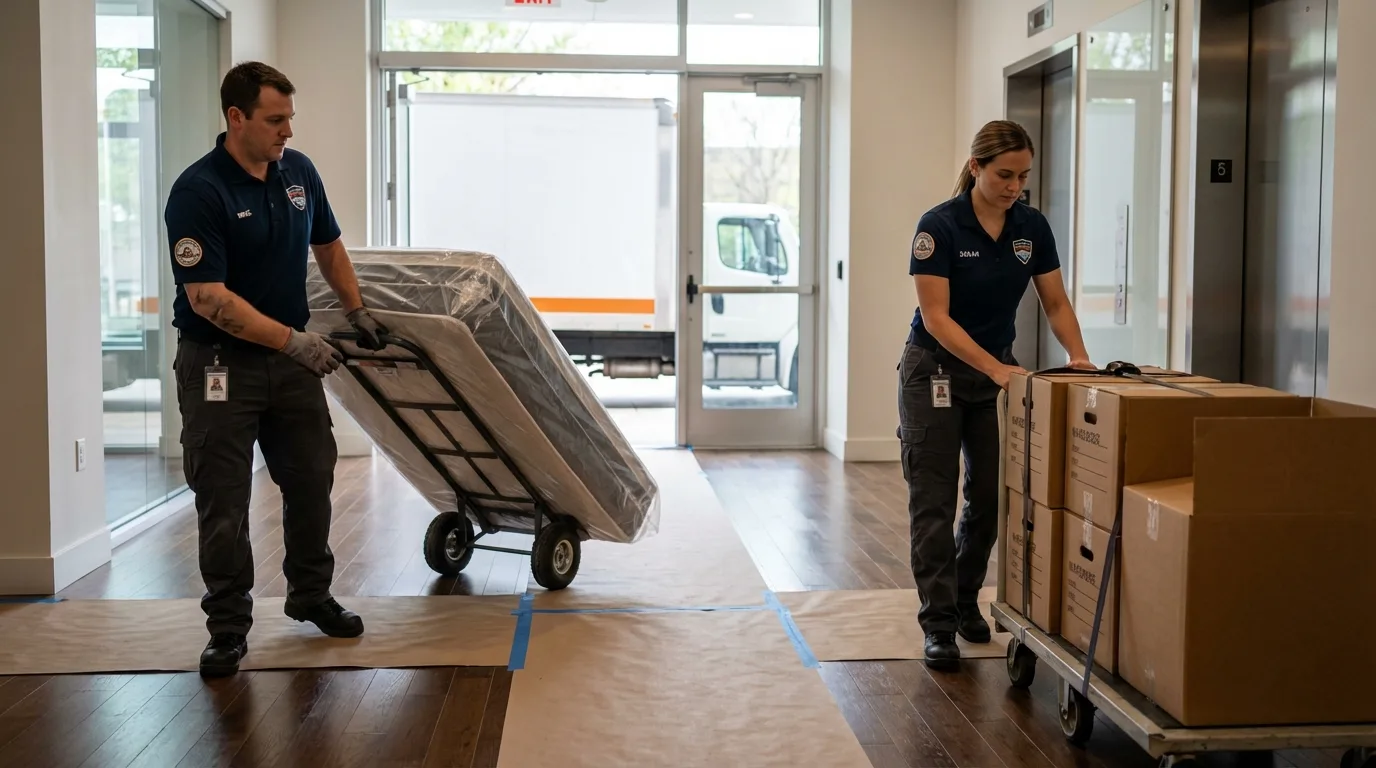 Professional apartment movers loading elevator in Bowdon, GA